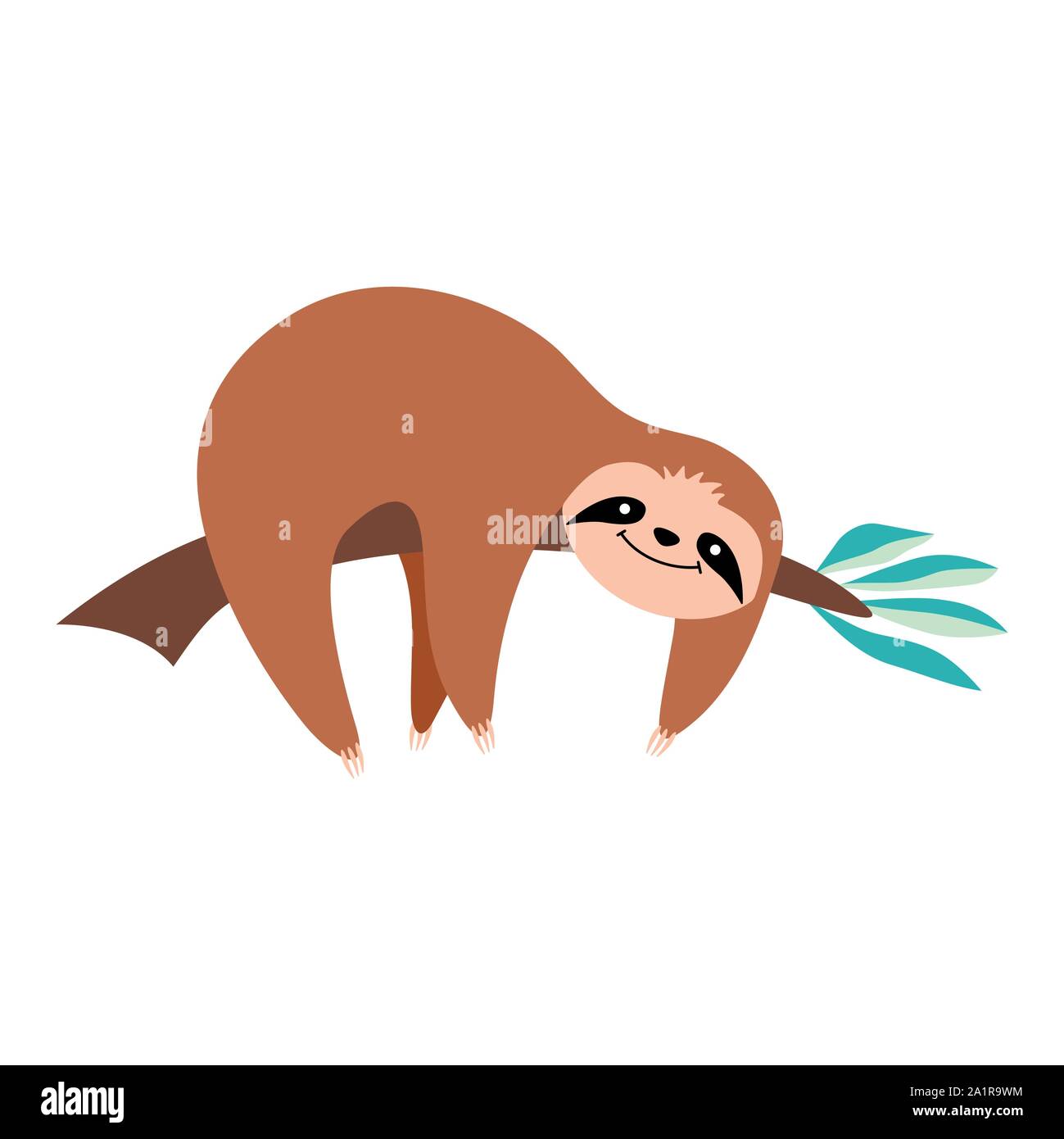 Cute cartoon sloth lying on a tree branch. Funny exotic animal isolated on white background. Flat vector illustration. Stock Vector
