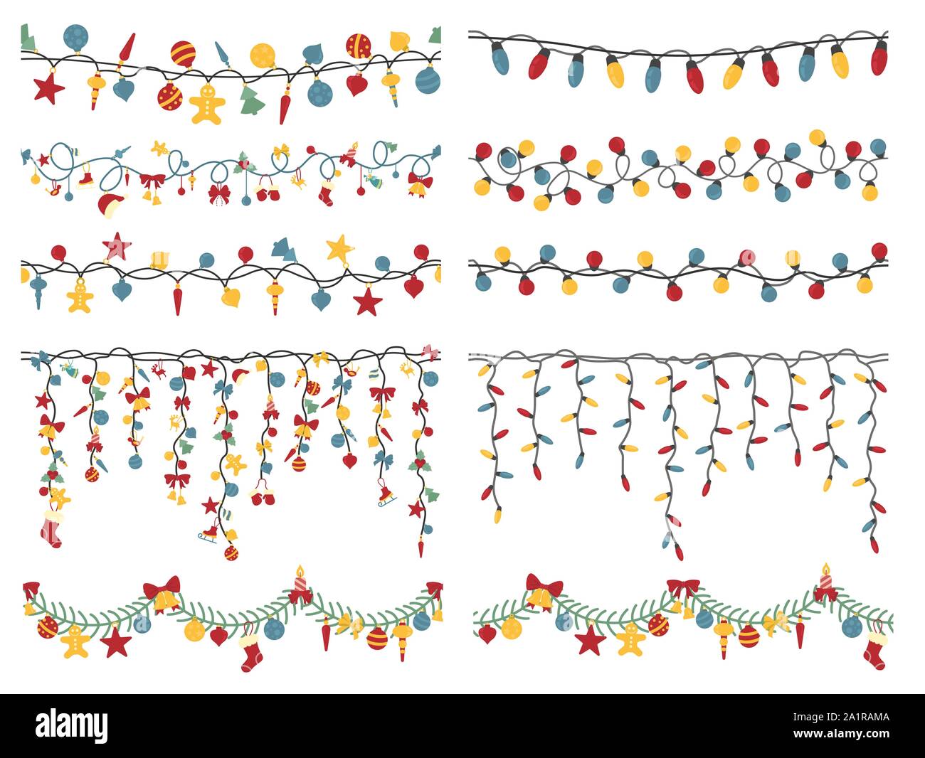 Christmas light garlands set. Colour isolated design seamless pattern. New year winter collection. Vector illustration Stock Vector