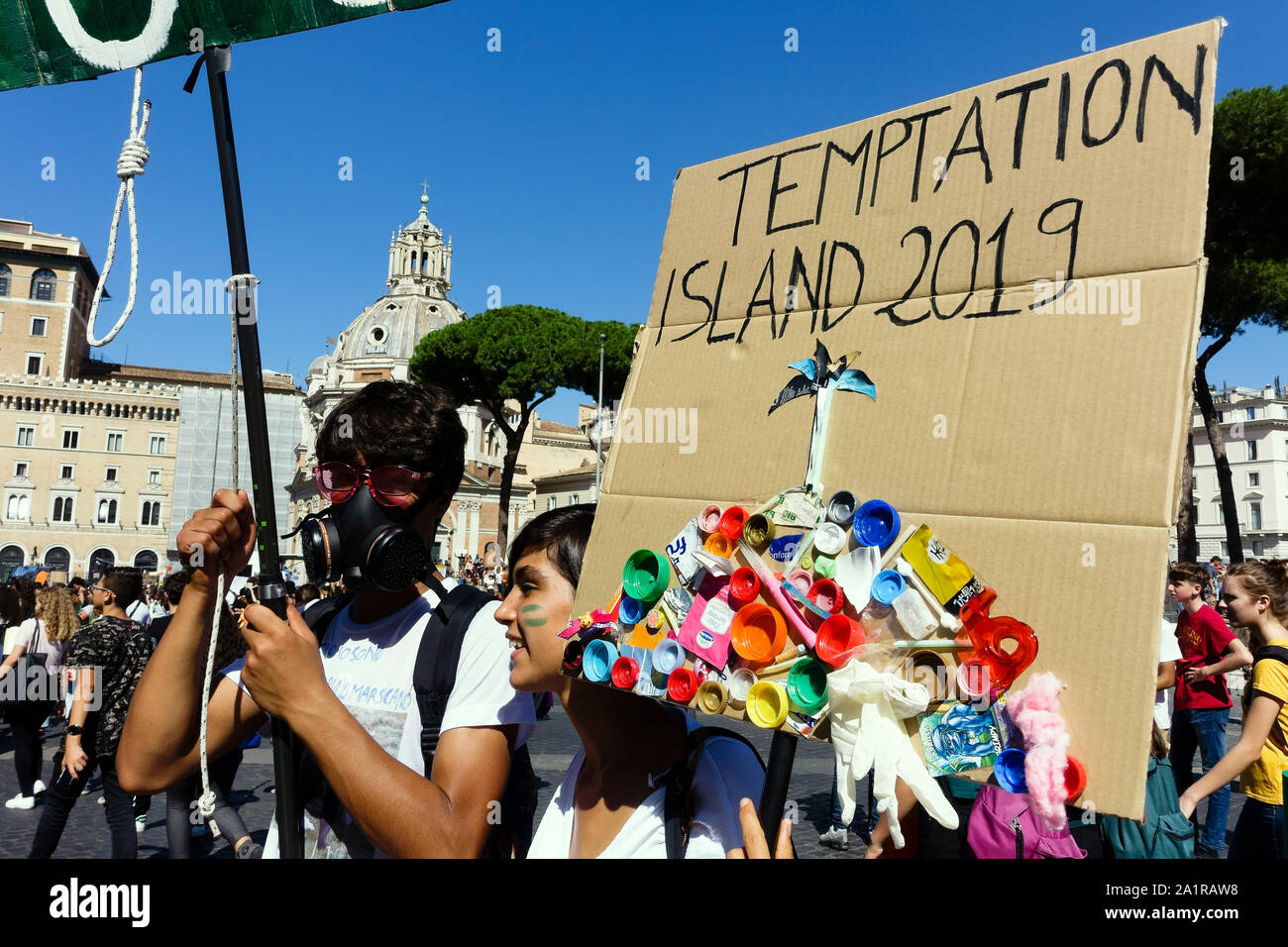 Fridays for future (FFF). Rome third global climate change strike for future. Young students demonstration march protest against climate change. System change not climate change. Students holding up banner sign, took to the streets to demonstrate against global climate change in central Rome, Italy, Europe, European Union, EU. Every Friday skrike. 27th september 2019. Stock Photo