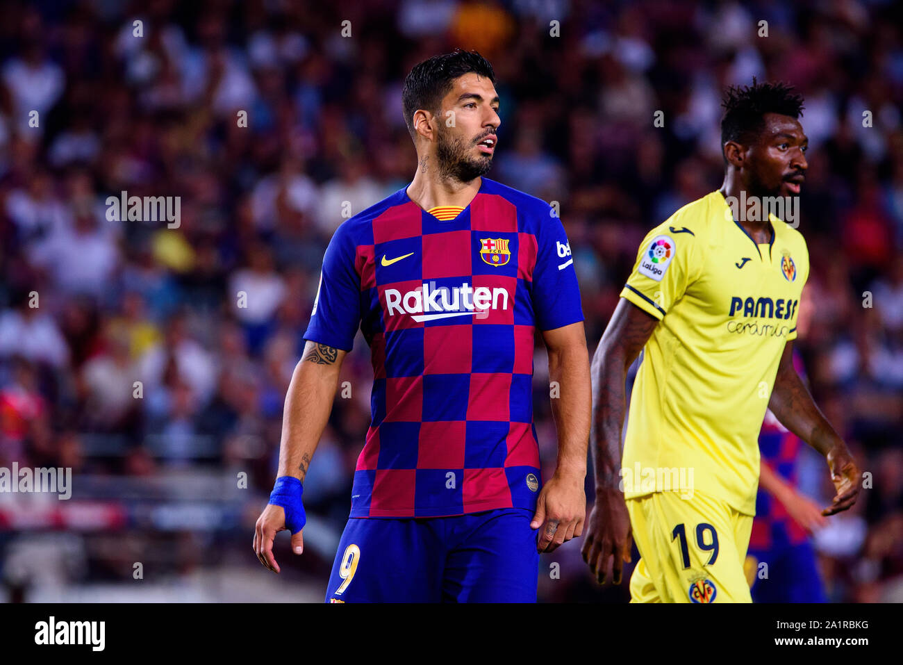 BARCELONA - SEP 24: Luis Suarez plays at the La Liga match between FC Barcelona and Villarreal CF at the Camp Nou Stadium on September 24, 2019 in Bar Stock Photo