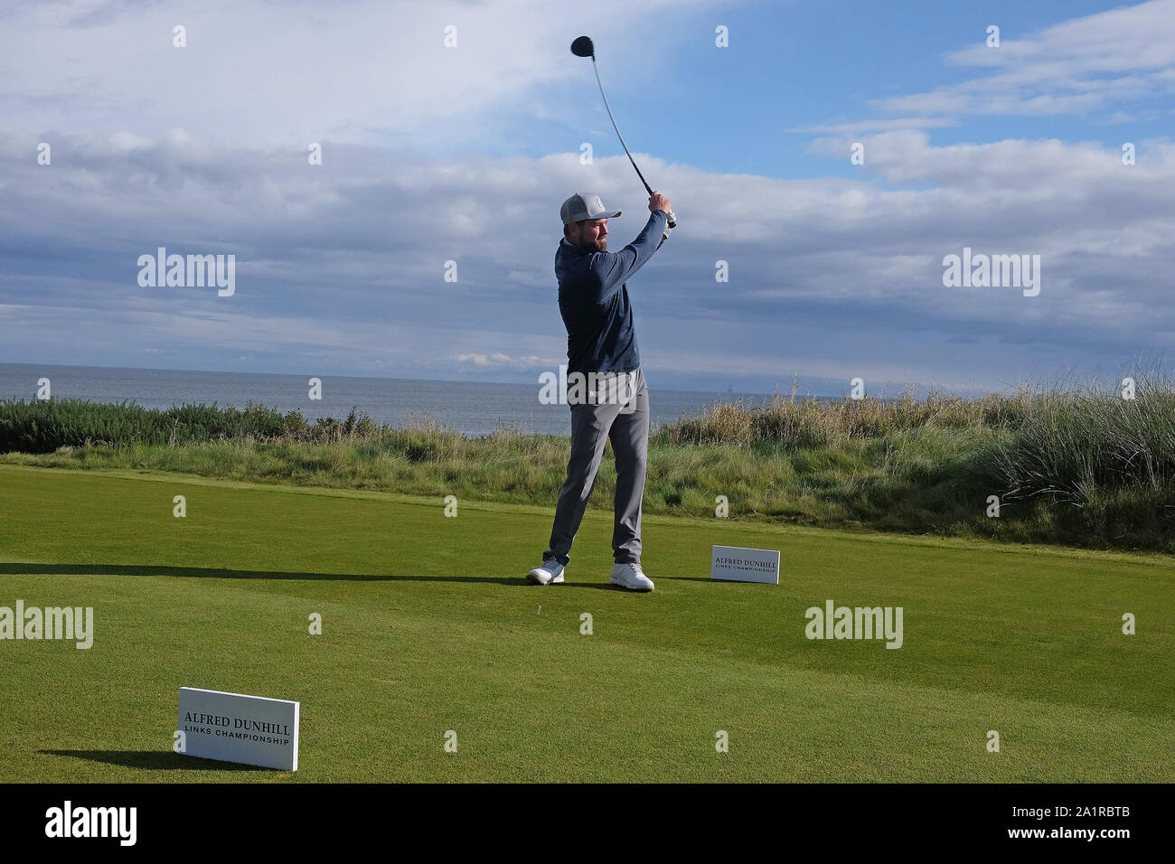 KINGSBARNS, SCOTLAND. 28 SEPTEMBER 2019: Singer Brian McFadden during round three of the Alfred Dunhill Links Championship, European Tour Golf Tournam Stock Photo