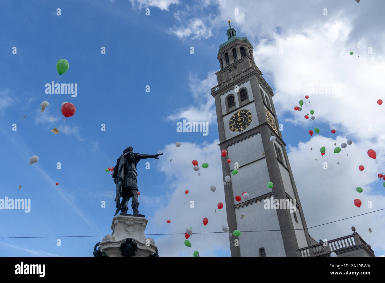 Turamichele celebration with ballons in front of Perlach tower in Augsburg, Germany, Bavaria Stock Photo