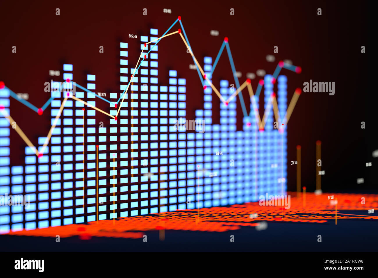 Business chart with line graph, bar chart and numbers on dark ...