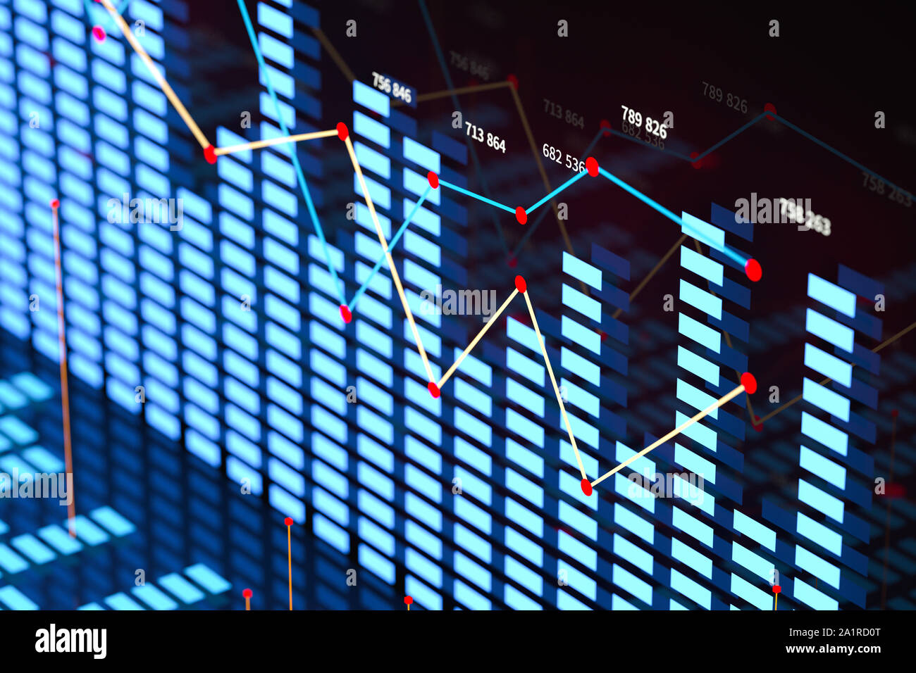 Business chart with line graph, bar chart and numbers on dark ...