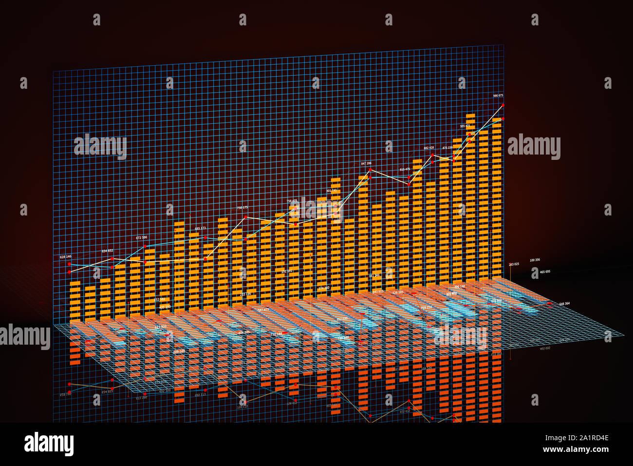 Business chart with line graph, bar chart and numbers on dark ...