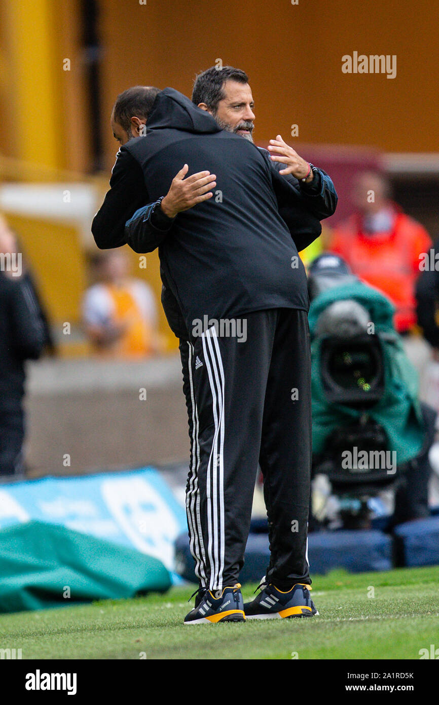 Wolverhampton, UK. 28th Sep, 2019. Nuno Esp'rito Santo Manager of Wolverhampton Wanderers congratulated at the end of the game by Quique Sanchez Flores of Watford during the Premier League match between Wolverhampton Wanderers and Watford at Molineux, Wolverhampton on Saturday 28th September 2019. (Credit: Alan Hayward | MI News) Editorial use only, license required for commercial use. Credit: MI News & Sport /Alamy Live News Stock Photo