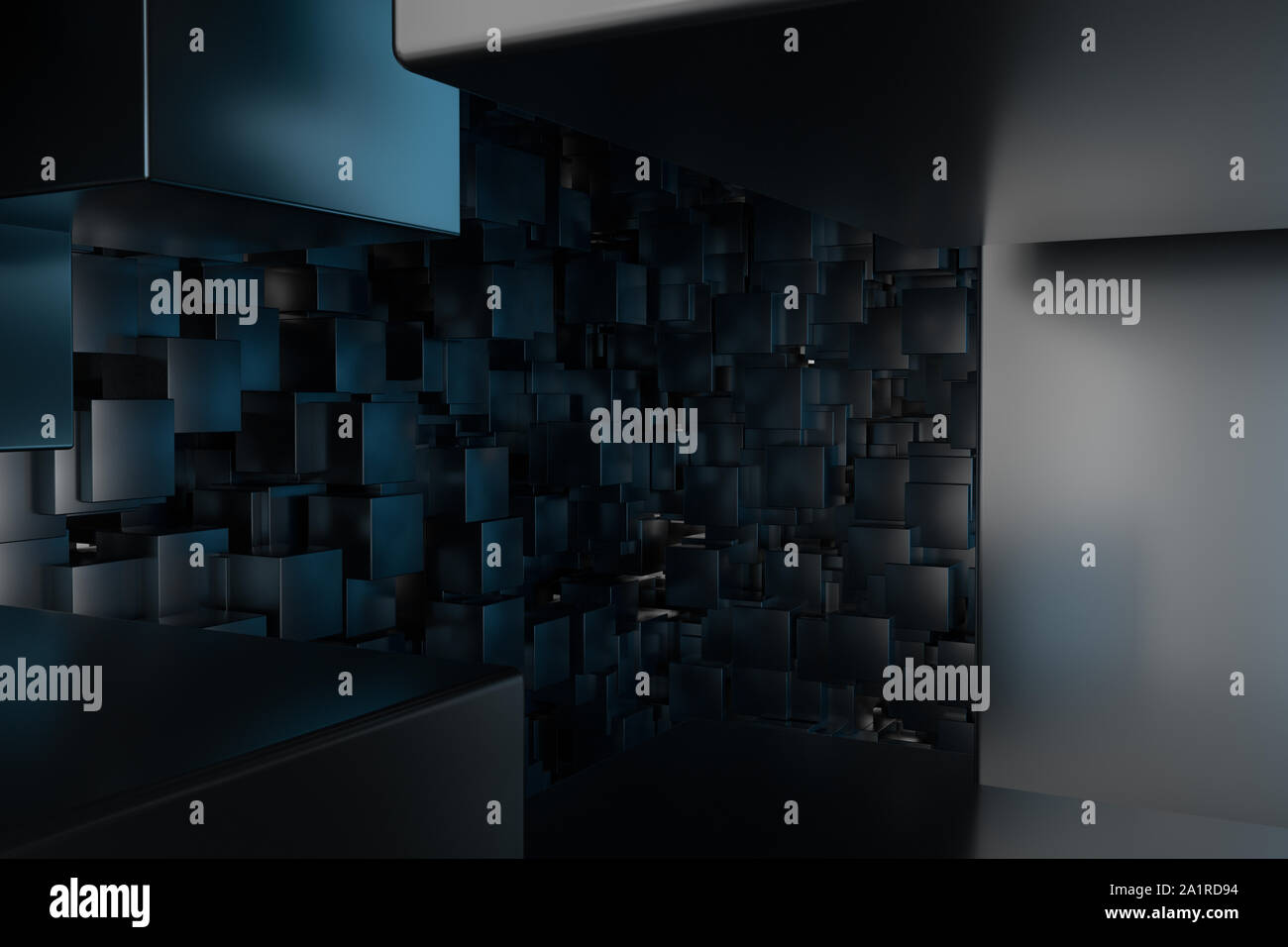 A room full with dark cubes, Illuminated by glowing cubes, 3d rendering ...