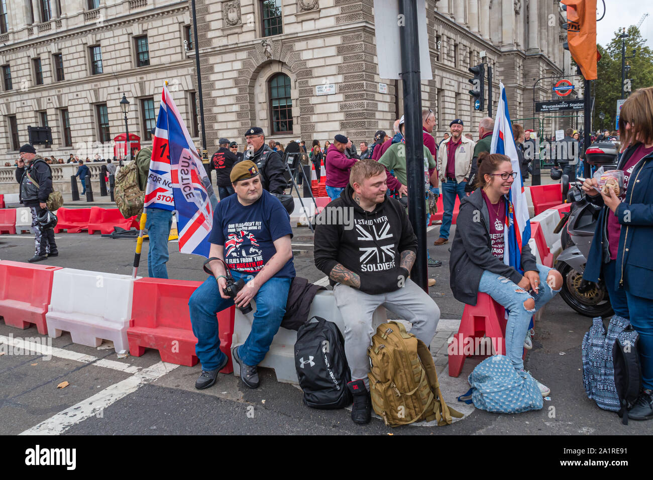 London, UK. 28th Sep, 2019. Hundreds had come to march in Operation Zulu, the protest against the prosecution of 'Soldier F' for the murder of civil rights protesters in Londonderry on 'Bloody Sunday' in 1972. Parliament Square was ringed with motor bikes as a part of the event which was called Operation Rolling Thunder. A small group stood on an armoured car to 'moon' at Parliament. Credit: Peter Marshall/Alamy Live News Stock Photo
