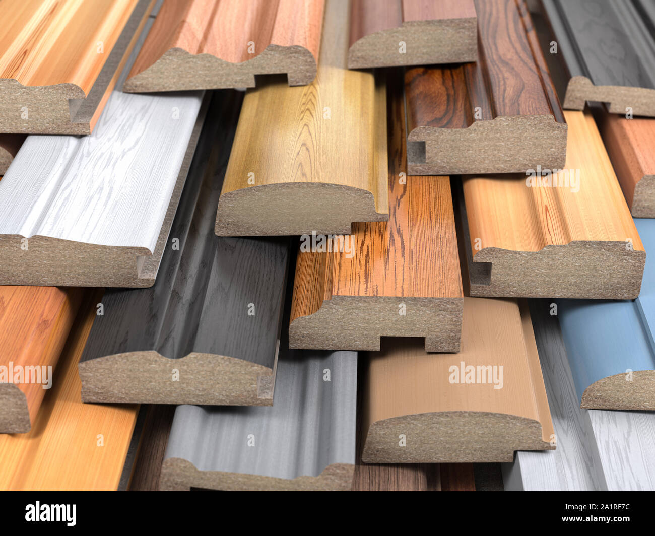 Set of wooden furniture CMD or MDF profiles. Smaples of baseboards from