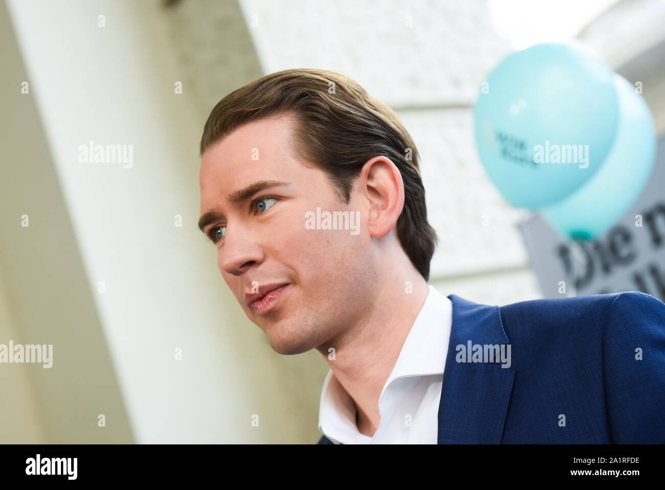 Vienna, Austria. 27th Sep, 2019. Austrian People's Party leader, Sebastian Kurz speaks during a campaign event ahead of Sunday's snap parliamentary elections.On September 29, 2019 parliamentary elections will take place as a result of a hidden-camera footage where OeVP's coalition partner, the far-right Freedom Party (FPOe) was caught up in a corruption scandal and brought the government down. Credit: Omar Marques/SOPA Images/ZUMA Wire/Alamy Live News Stock Photo