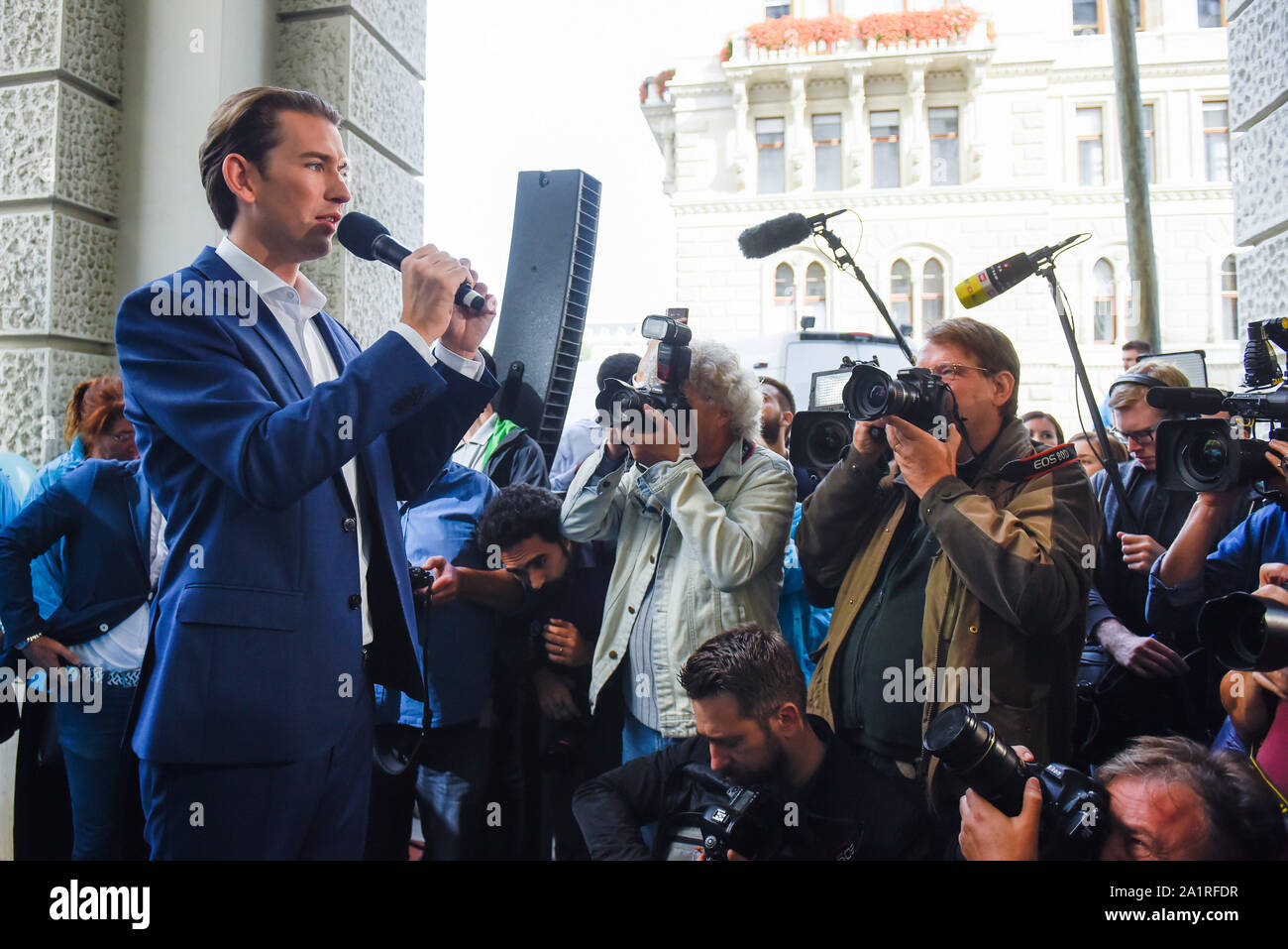 Vienna, Austria. 27th Sep, 2019. Austrian People's Party leader, Sebastian Kurz speaks during a campaign event ahead of Sunday's snap parliamentary elections.On September 29, 2019 parliamentary elections will take place as a result of a hidden-camera footage where OeVP's coalition partner, the far-right Freedom Party (FPOe) was caught up in a corruption scandal and brought the government down. Credit: Omar Marques/SOPA Images/ZUMA Wire/Alamy Live News Stock Photo