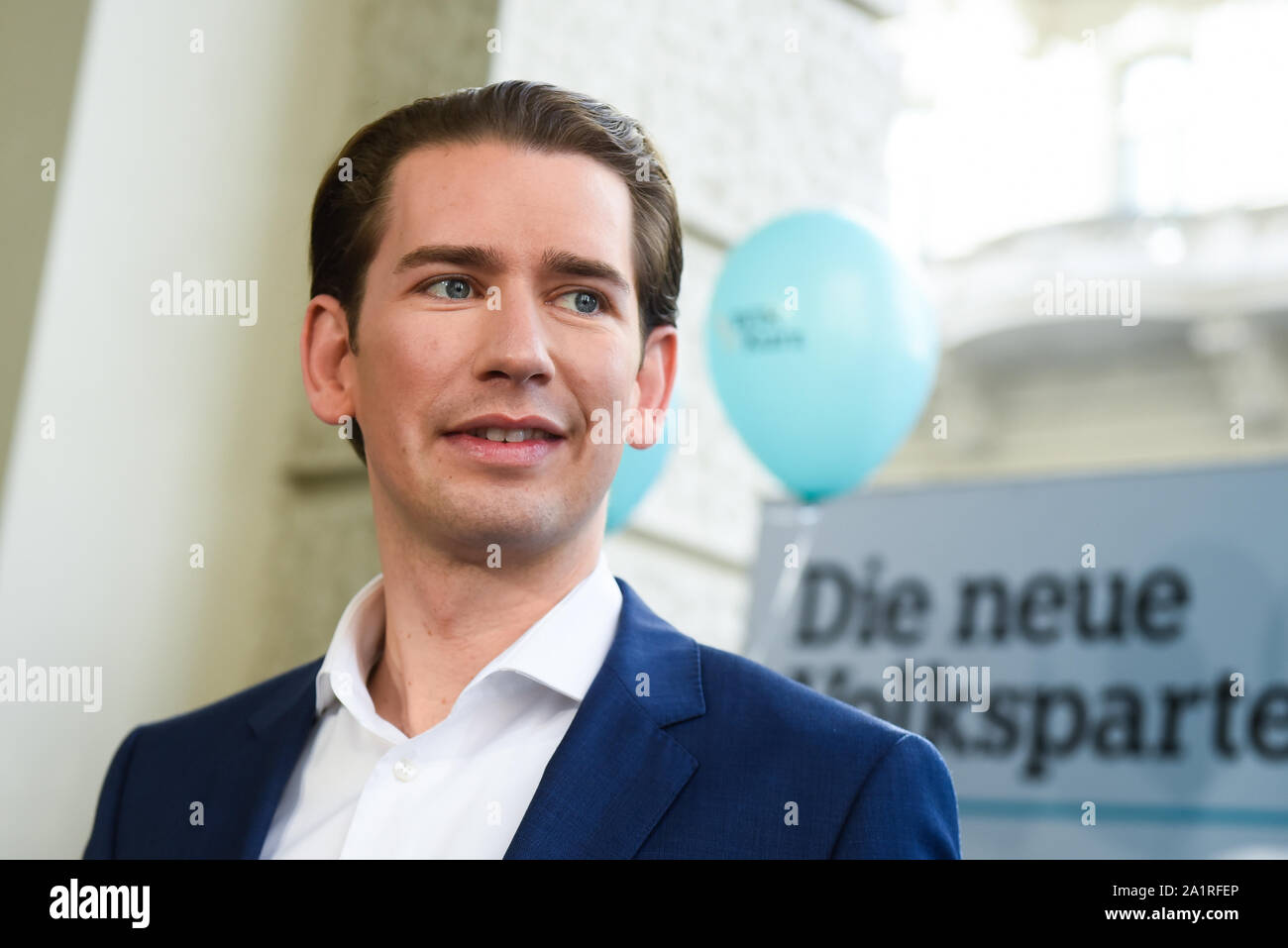 Vienna, Austria. 27th Sep, 2019. Austrian People's Party leader, Sebastian Kurz speaks during a campaign event ahead of Sunday's snap parliamentary elections.On September 29, 2019 parliamentary elections will take place as a result of a hidden-camera footage where OeVP's coalition partner, the far-right Freedom Party (FPOe) was caught up in a corruption scandal and brought the government down. Credit: Omar Marques/SOPA Images/ZUMA Wire/Alamy Live News Stock Photo