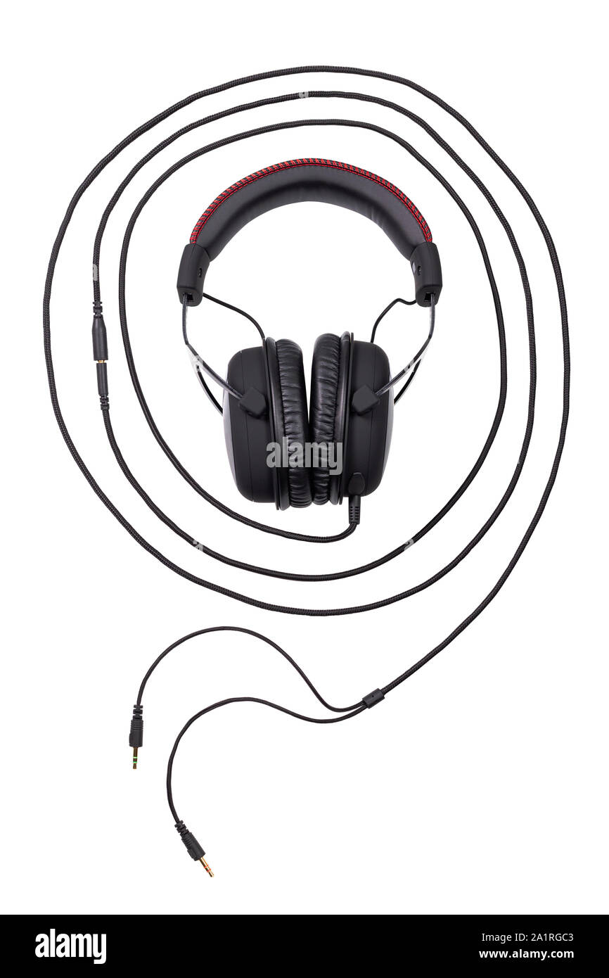 wired black gaming headset surrounded by concentric circle of wires ...