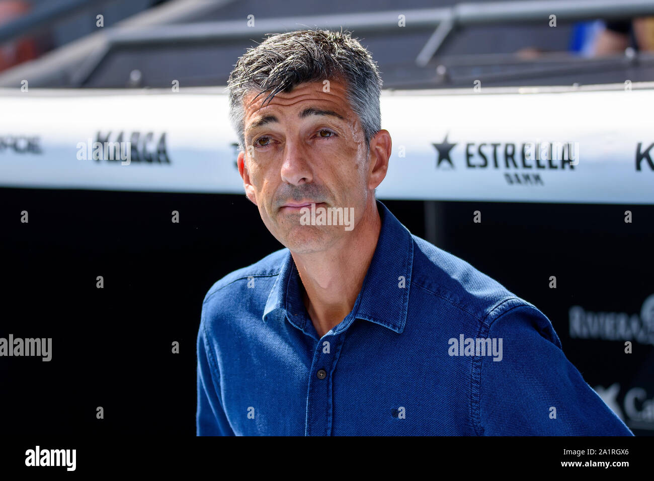 BARCELONA - SEP 22: The coach Imanol Alguacil at the La Liga match between RCD Espanyol and Real Sociedad at the RCDE Stadium on September 22, 2019 in Stock Photo