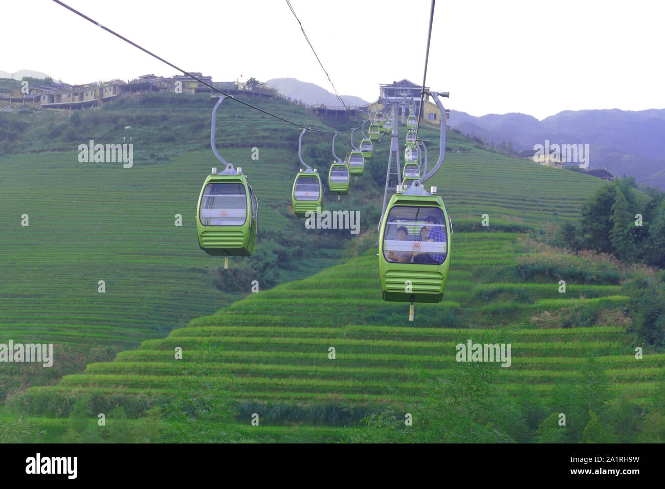 Cable Car Transportation in the Longsheng Rice Terraces in the Guangxi Zhuang Autonomous Region in China near Guillin. Stock Photo