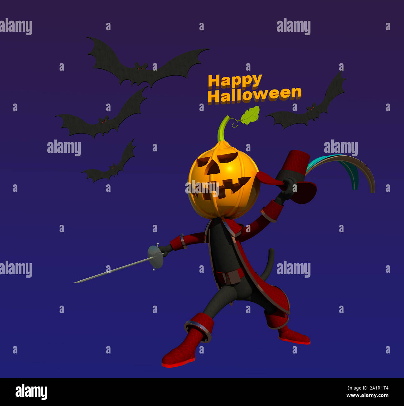 Halloween puss in boots 3D illustration 2. A black cat character with pumpkin lantern head, holding hat and sword, costume disguise. Collection. Stock Photo