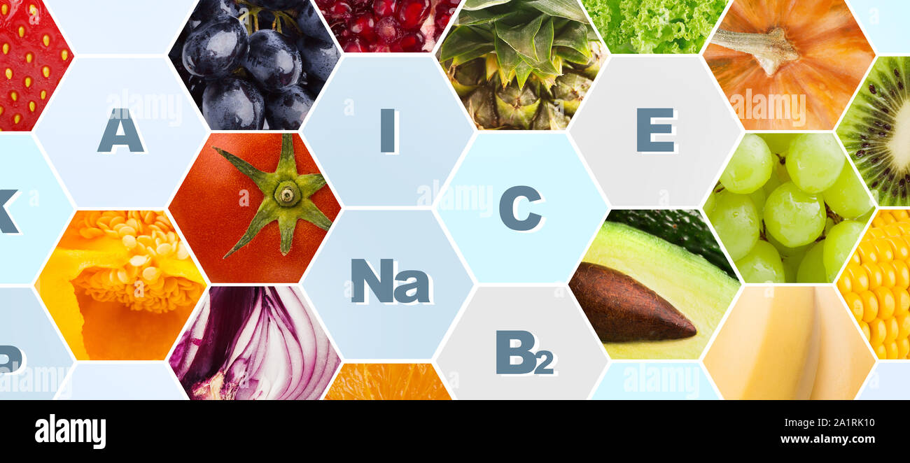 Vitamins and minerals in fruits and vegetables on background Stock