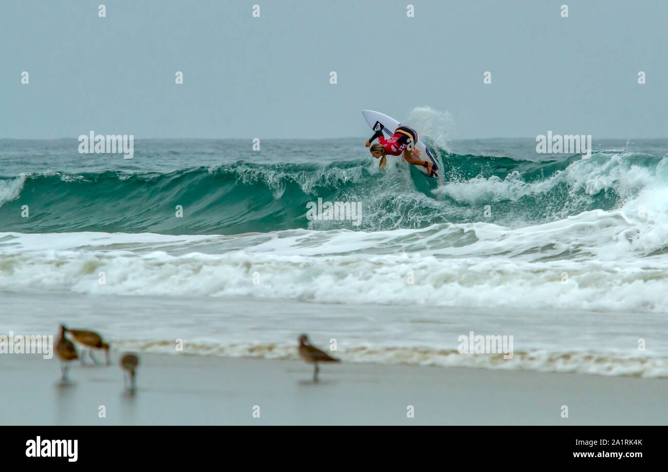 Pro surfer Bronite MaCaulay competing at the 2019 US Open on Surfing Stock Photo