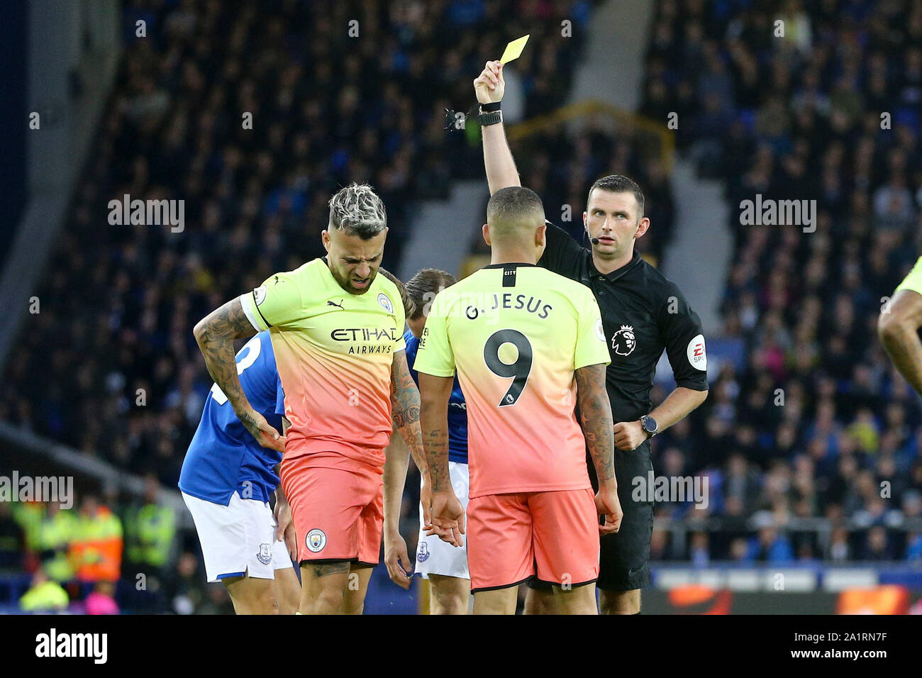 Liverpool, UK. 28th Sep, 2019. Nicolas Otamendi of Manchester City (l) receives a yellow card from referee Michael Oliver. Premier League match, Everton v Manchester City at Goodison Park in Liverpool on Saturday 28th September 2019. this image may only be used for Editorial purposes. Editorial use only, license required for commercial use. No use in betting, games or a single club/league/player publications. pic by Chris Stading/Andrew Orchard sports photography/Alamy Live news Credit: Andrew Orchard sports photography/Alamy Live News Stock Photo