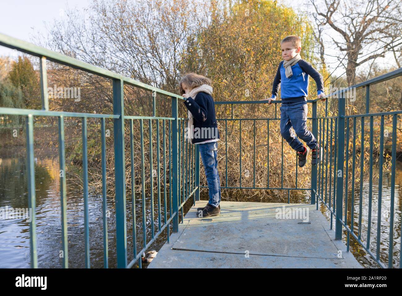 Children boy and girl standing on bridge, looking at ducks, sunny ...