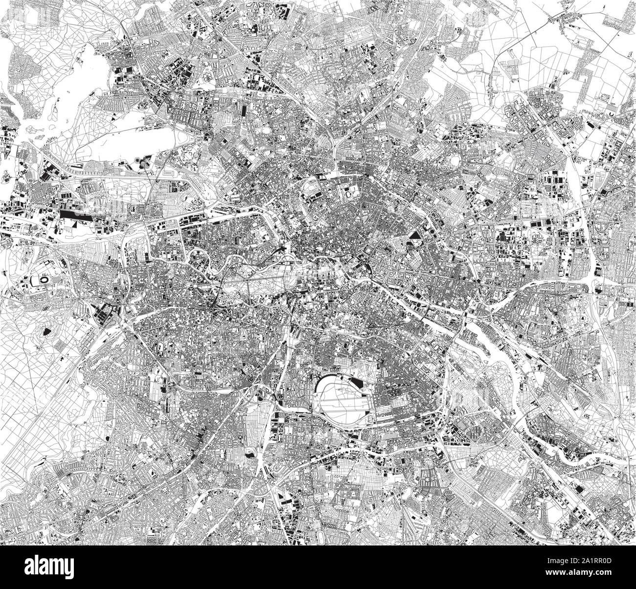 Satellite map of Berlin and surrounding areas, Germany. Map roads, ring roads and highways, rivers, railway lines Stock Vector