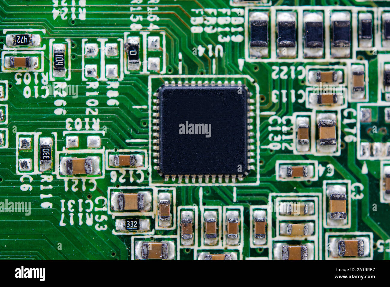 Close up blank microchip on Electronic circuit board. Stock Photo