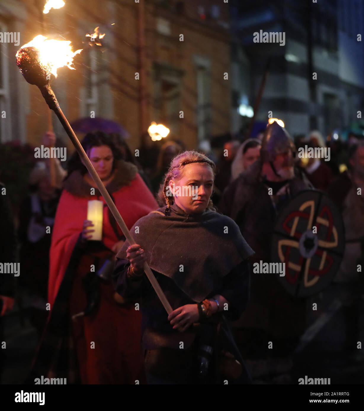 People watch the inaugural Viking Fire Festival in Wexford town. Earlier a Viking Village was erected in the town populated with re-enactors going about their day-to-day life as if it were 900AD. Stock Photo