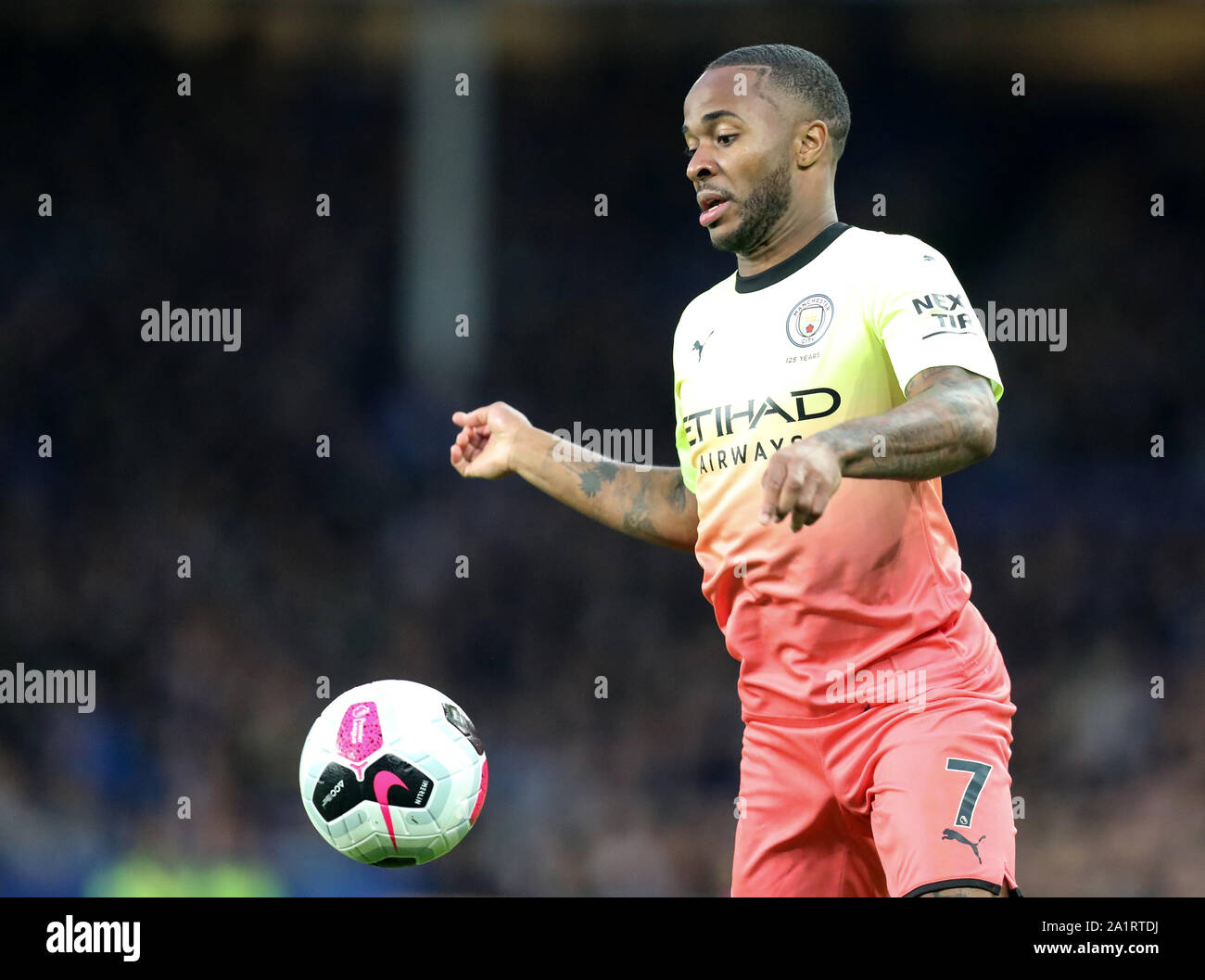 Liverpool Merseyside Uk 28th Sep 2019 English Premier League Football Everton Versus Manchester City Raheem Sterling Of Manchester City Controls The Ball In A Wide Position Strictly Editorial Use Only No