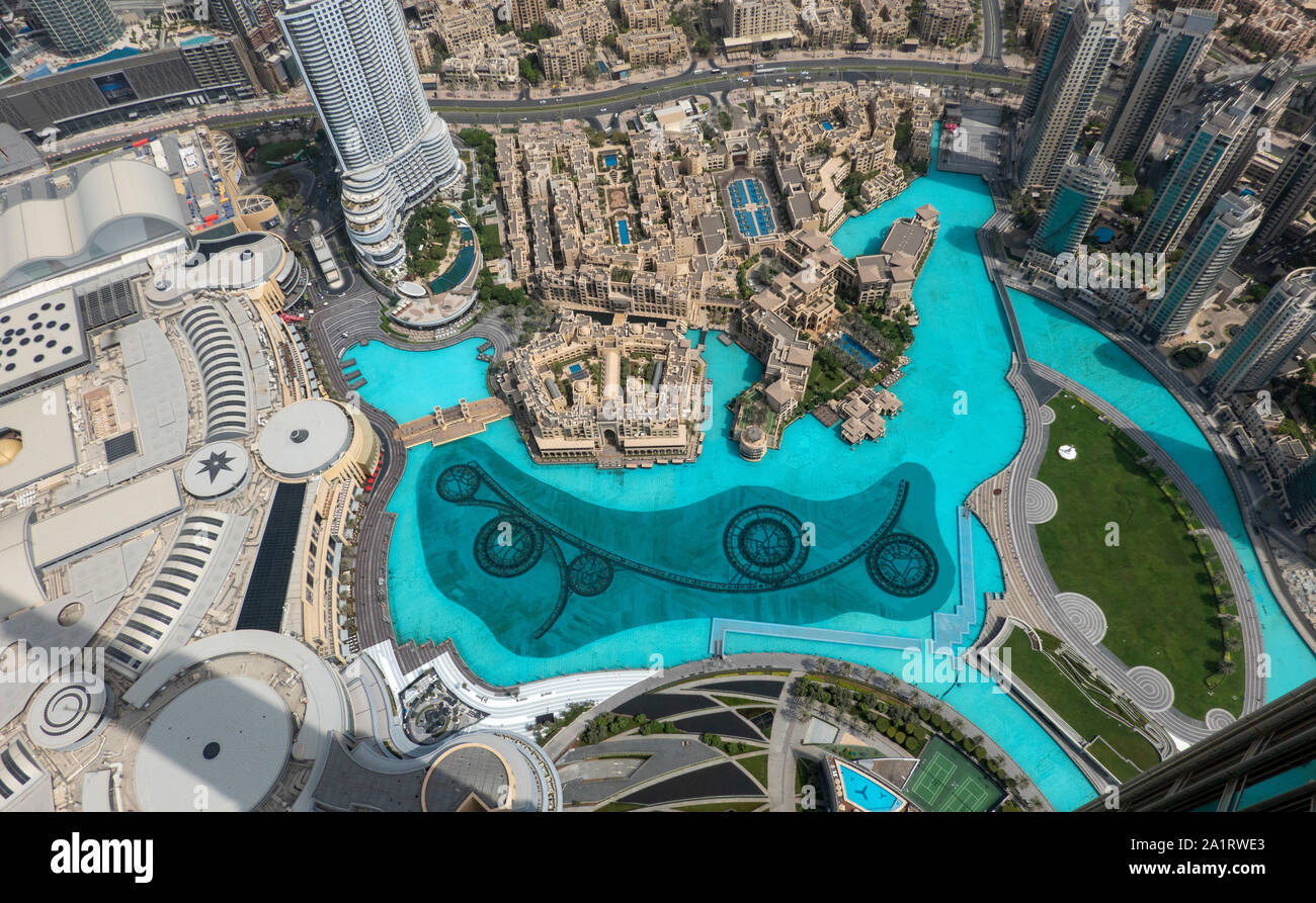 view of Dubai Fountain  from the Burj al-Khalifa, United Arab Emirates Stock Photo