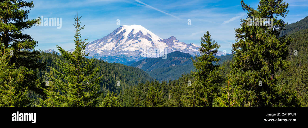 Panoramic image of Mount Rainier National Park in the state of Washington in August Stock Photo