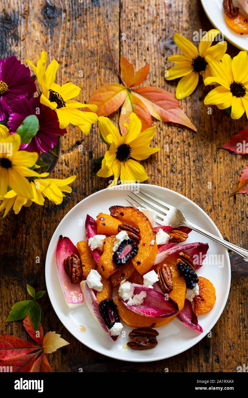Autumn salad with roast pumpkin, chicory, pecans and goat cheese Stock Photo Alamy