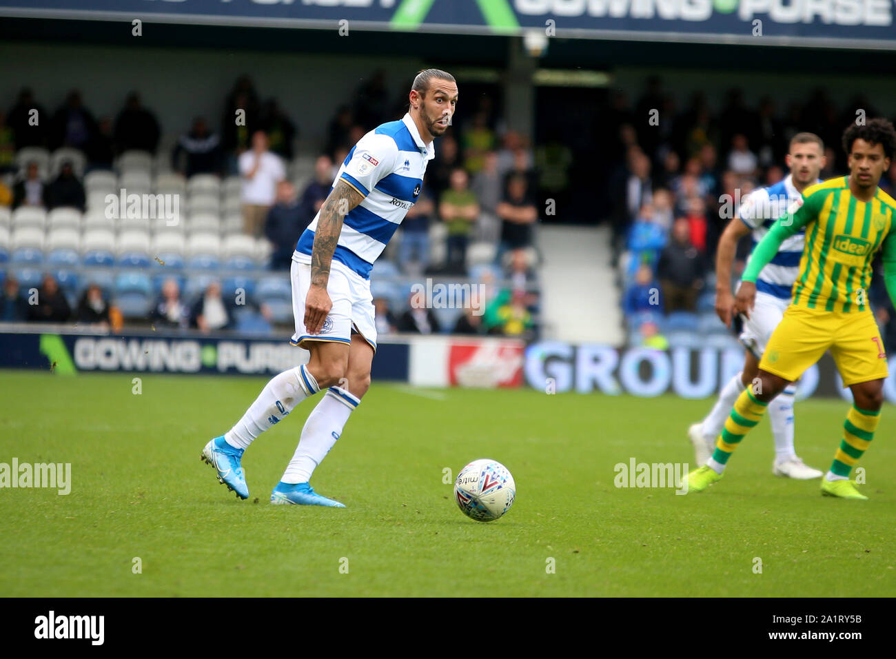 London, UK. 28th Sep, 2019. Geoff Cameron of Queens Park Rangers in action during EFL Skybet Championship match, Queens Park Rangers v West Bromwich Albion at The Kiyan Prince Foundation Stadium, Loftus Road in London on Saturday 28th September 2019. this image may only be used for Editorial purposes. Editorial use only, license required for commercial use. No use in betting, games or a single club/league/player publications. Credit: Andrew Orchard sports photography/Alamy Live News Stock Photo