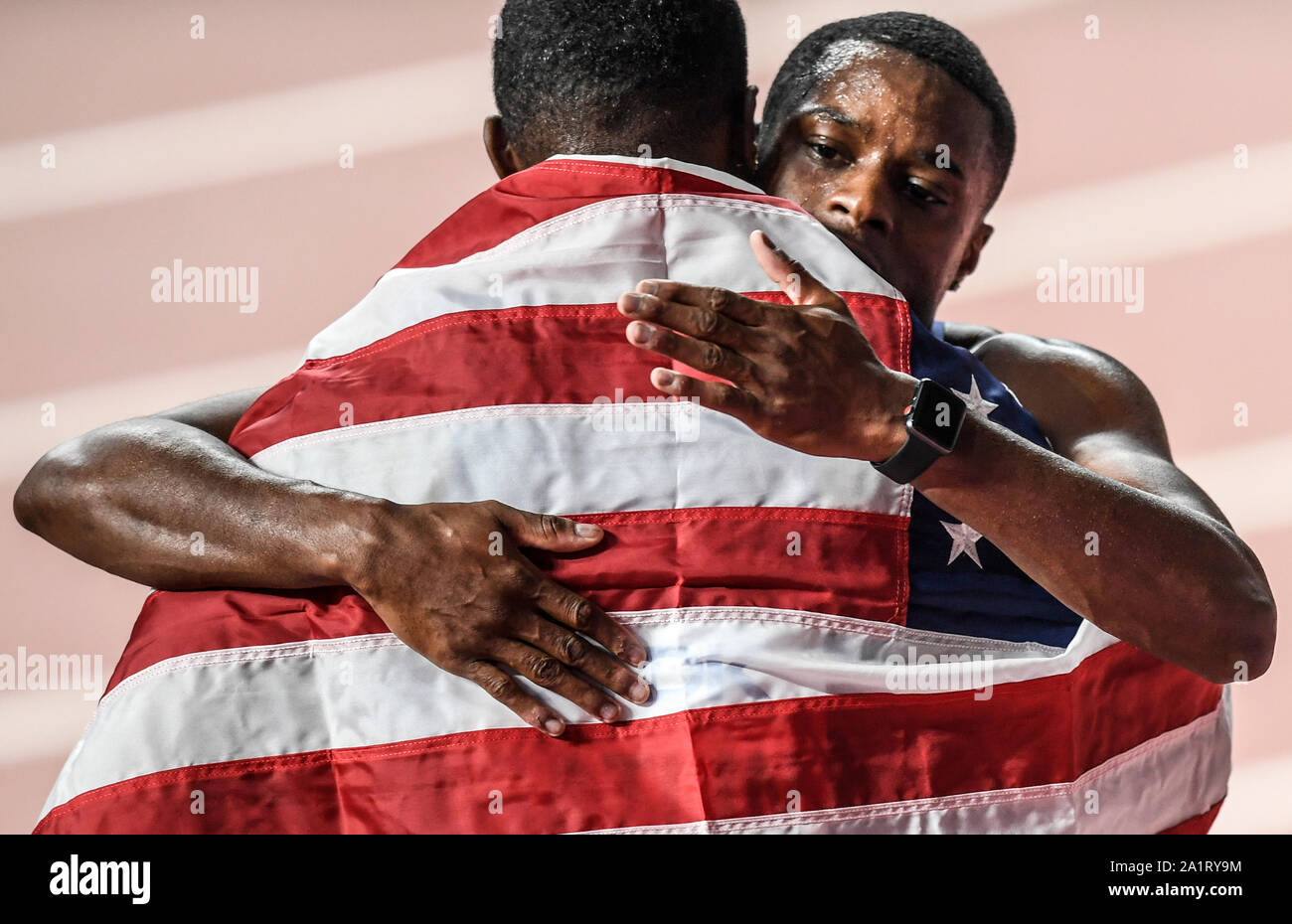 Christian Coleman and Justin Gatling win the gold and silver medal in the 100 Metres Men final. IAAF World Athletics Championships, Doha 2019 Stock Photo