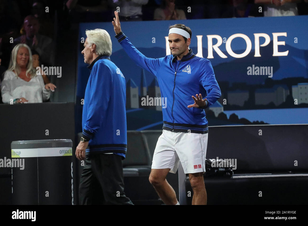 Coach Bjorn Borg and Roger Federer Team Europe during the Laver Cup 2019,  Europe team against