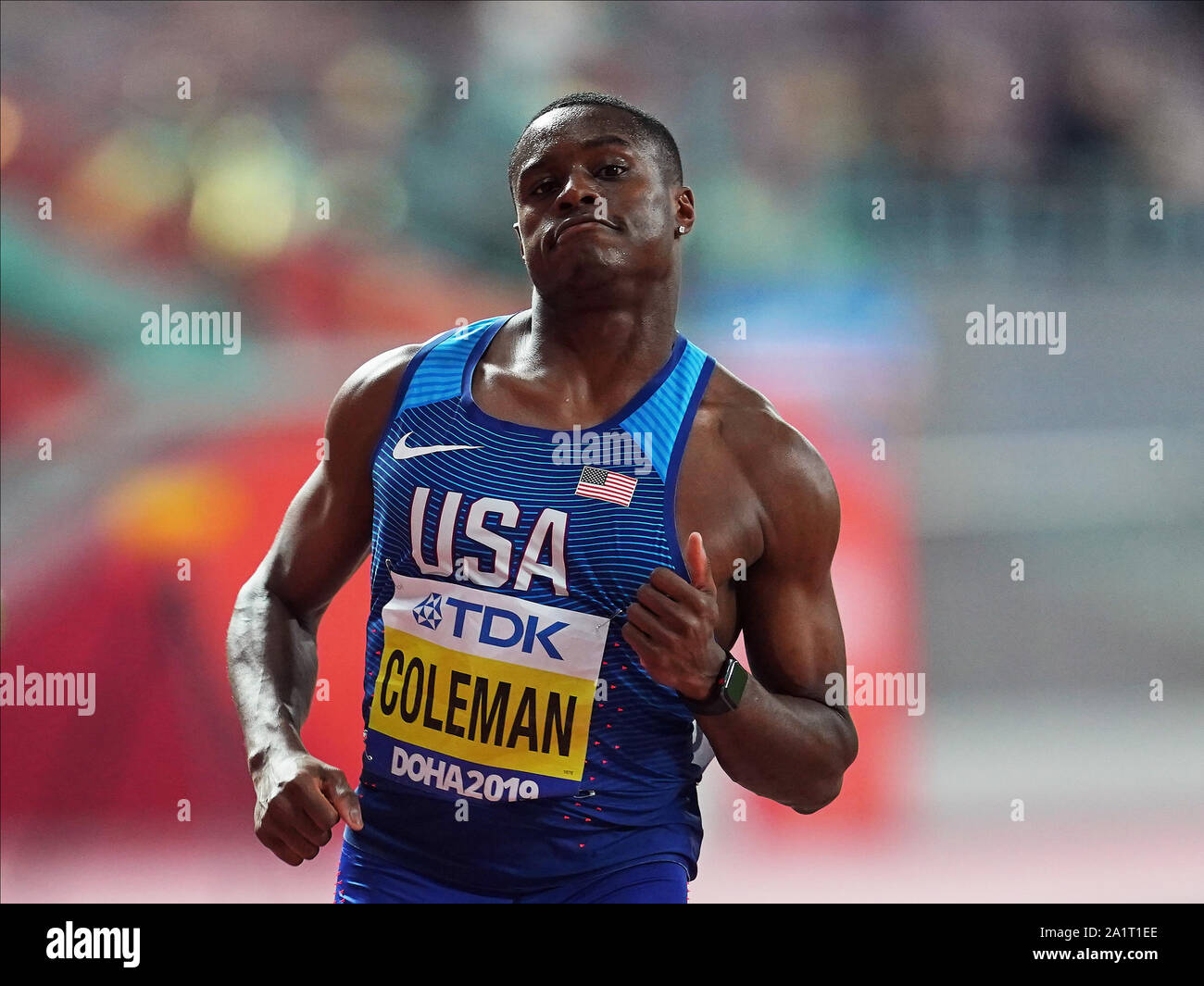 Doha, Qatar. 28th Sep, 2019. Christian Coleman of United States competing in the 100 meter for men during the 17th IAAF World Athletics Championships at the Khalifa Stadium in Doha, Qatar. Ulrik Pedersen/CSM/Alamy Live News Stock Photo