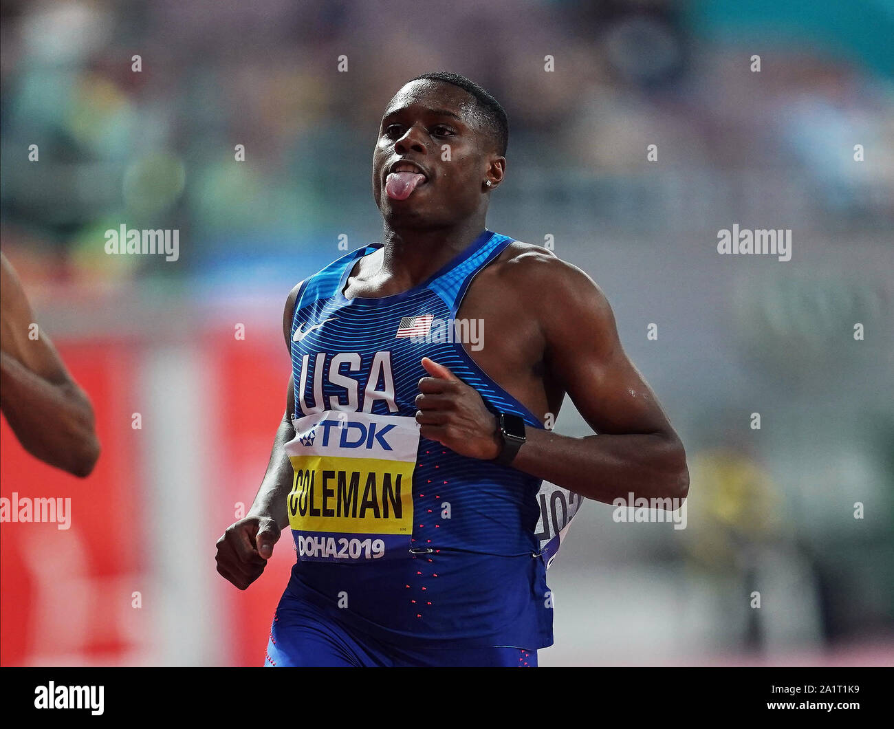 Doha, Qatar. 28th Sep, 2019. Christian Coleman of United States competing in the 100 meter for men during the 17th IAAF World Athletics Championships at the Khalifa Stadium in Doha, Qatar. Ulrik Pedersen/CSM/Alamy Live News Stock Photo