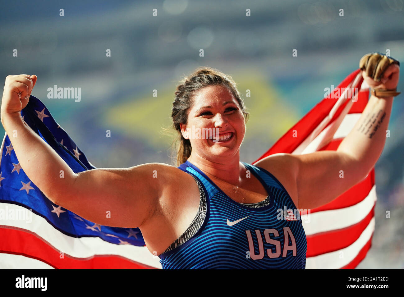 Doha, Qatar. 28th Sep, 2019. Deanna Price of United States winning the gold in hammer throw for