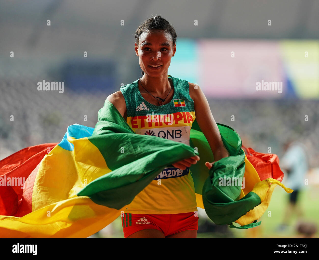 Doha, Qatar. 28th Sep, 2019. Letesenbet Gidey of Ethiopia winning