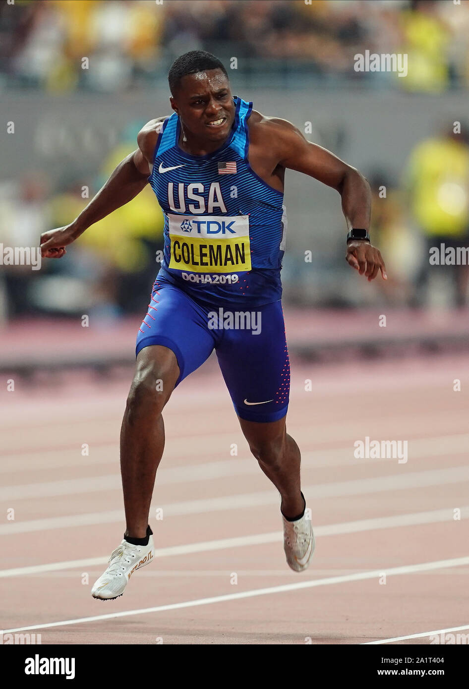 Doha, Qatar. 28th Sep, 2019. Christian Coleman of United States winning the world championship in the 100 meter for men during the 17th IAAF World Athletics Championships at the Khalifa Stadium in Doha, Qatar. Ulrik Pedersen/CSM/Alamy Live News Stock Photo
