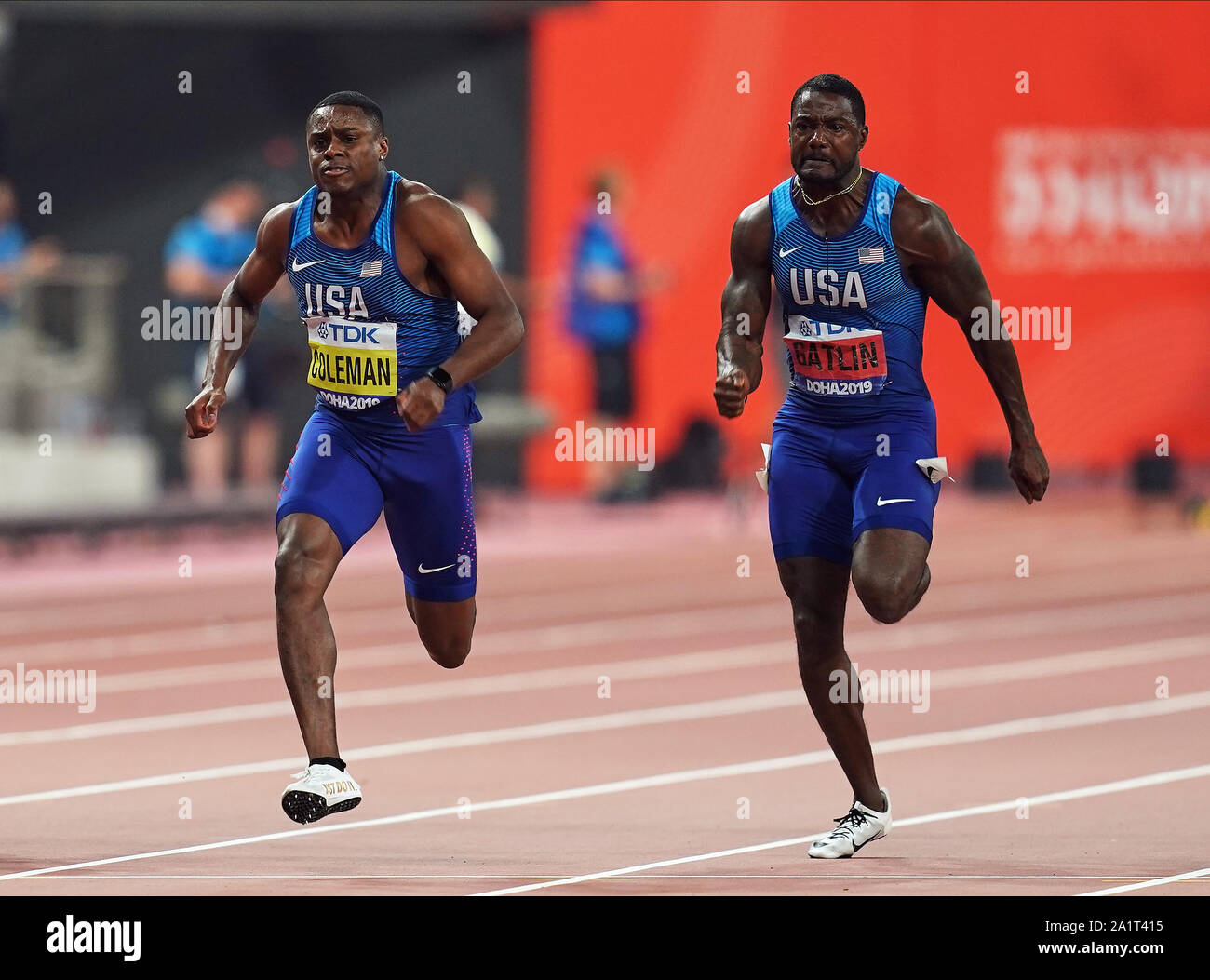 Doha, Qatar. 28th Sep, 2019. Christian Coleman of United States and Justin Gatlin of United States competing in the 100 meter for men during the 17th IAAF World Athletics Championships at the Khalifa Stadium in Doha, Qatar. Ulrik Pedersen/CSM/Alamy Live News Stock Photo