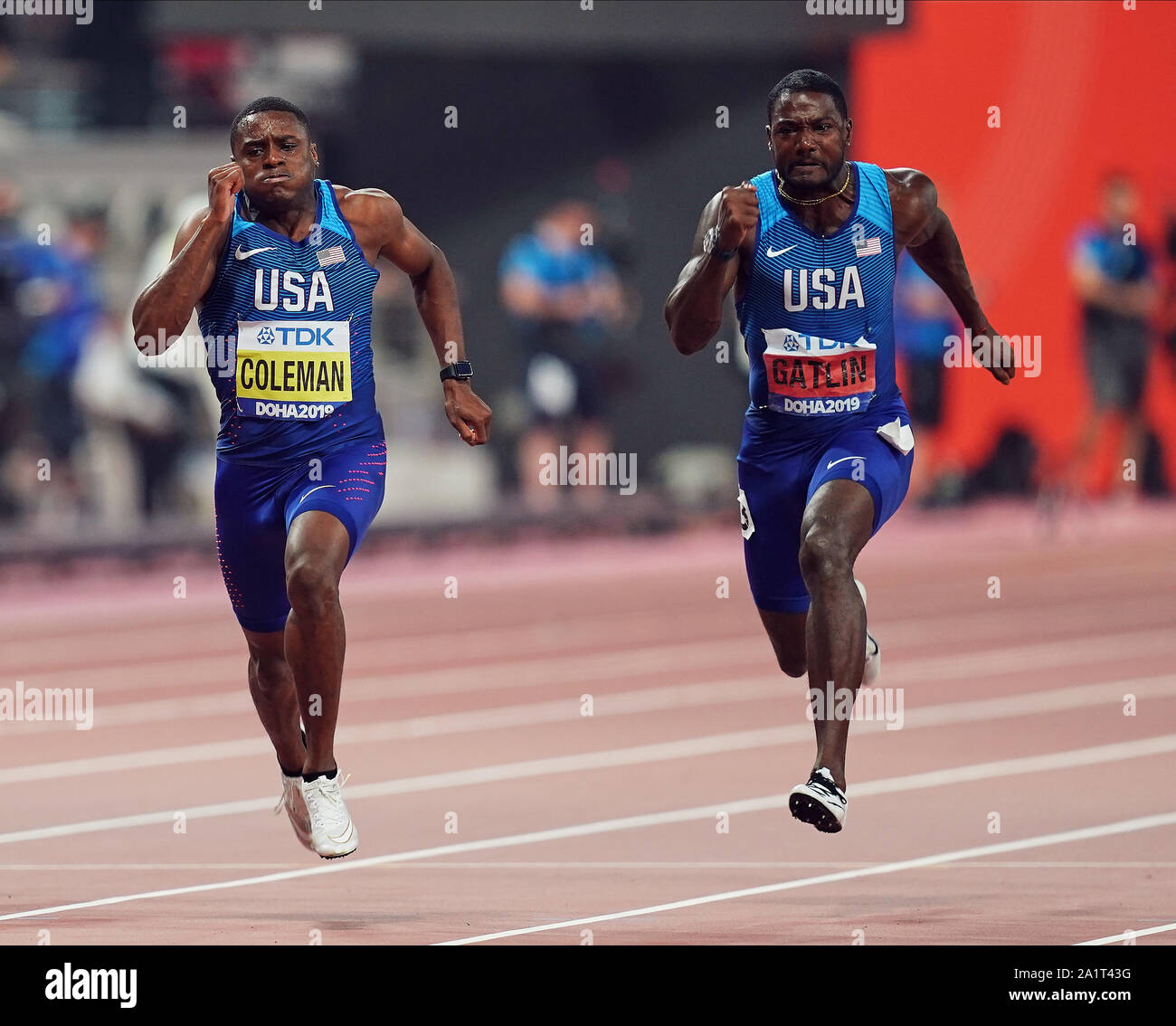 Doha, Qatar. 28th Sep, 2019. Christian Coleman of United States and Justin Gatlin of United States competing in the 100 meter for men during the 17th IAAF World Athletics Championships at the Khalifa Stadium in Doha, Qatar. Ulrik Pedersen/CSM/Alamy Live News Stock Photo