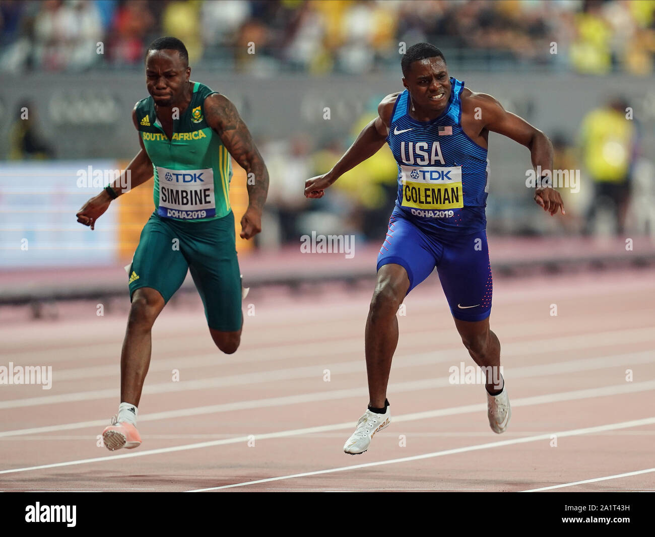 Doha, Qatar. 28th Sep, 2019. Christian Coleman of United States winning the world championship in the 100 meter for men during the 17th IAAF World Athletics Championships at the Khalifa Stadium in Doha, Qatar. Ulrik Pedersen/CSM/Alamy Live News Stock Photo