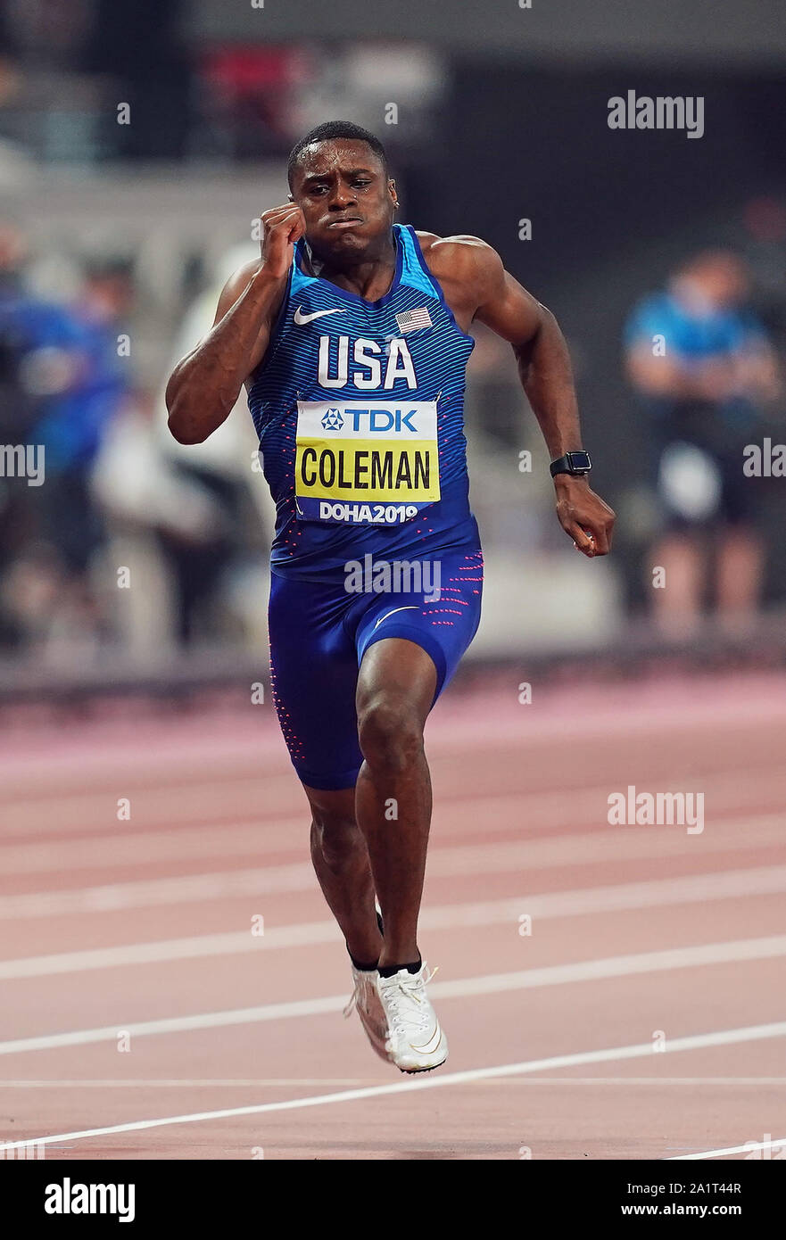 Doha, Qatar. 28th Sep, 2019. Christian Coleman of United States !! competing in the 100 meter for men during the 17th IAAF World Athletics Championships at the Khalifa Stadium in Doha, Qatar. Ulrik Pedersen/CSM/Alamy Live News Stock Photo