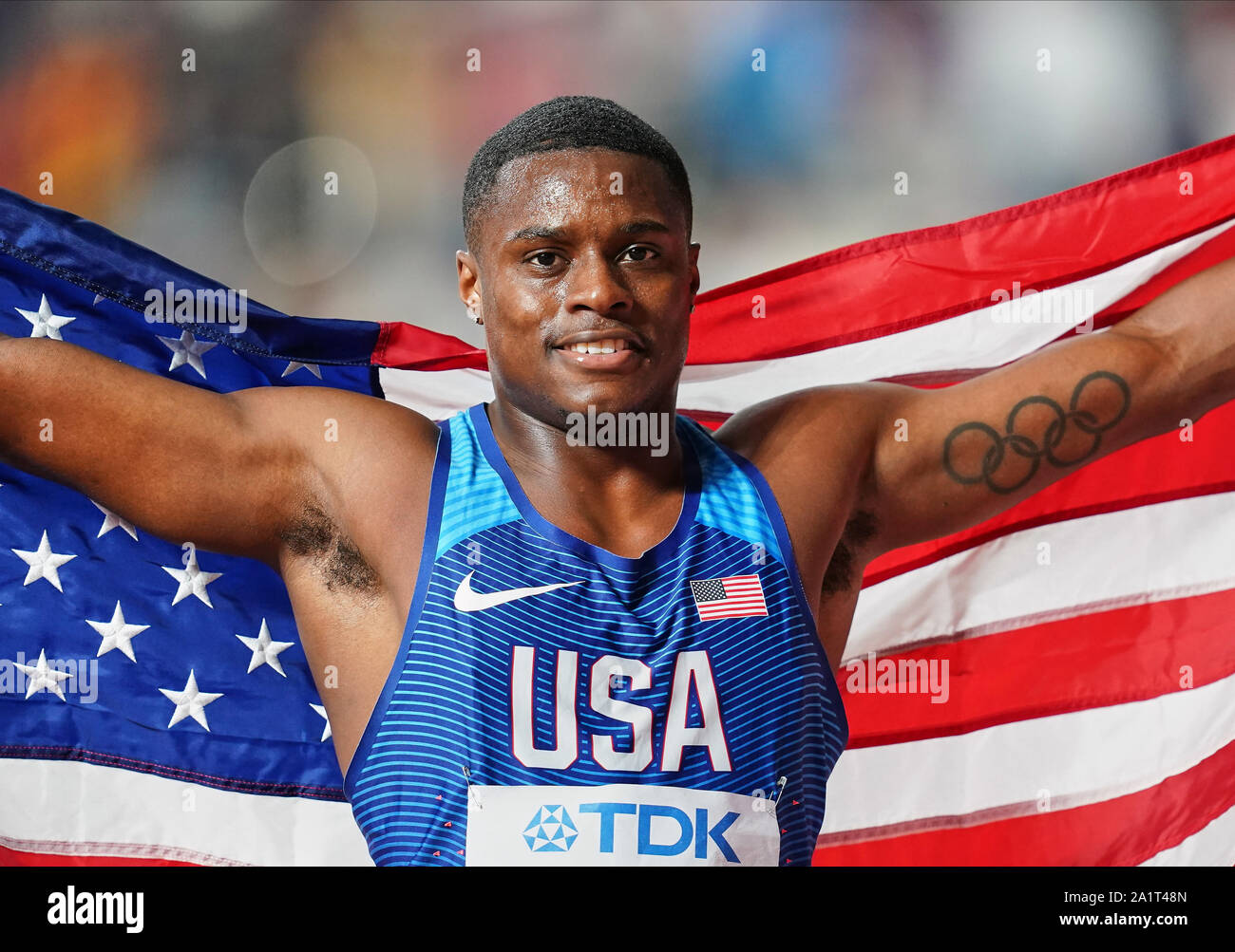 Doha, Qatar. 28th Sep, 2019. Christian Coleman of United States after winning in the 100 meter for men during the 17th IAAF World Athletics Championships at the Khalifa Stadium in Doha, Qatar. Ulrik Pedersen/CSM/Alamy Live News Stock Photo