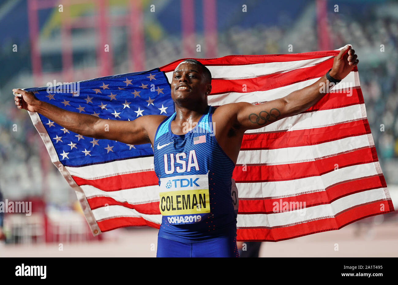Doha, Qatar. 28th Sep, 2019. Christian Coleman of United States after winning in the 100 meter for men during the 17th IAAF World Athletics Championships at the Khalifa Stadium in Doha, Qatar. Ulrik Pedersen/CSM/Alamy Live News Stock Photo