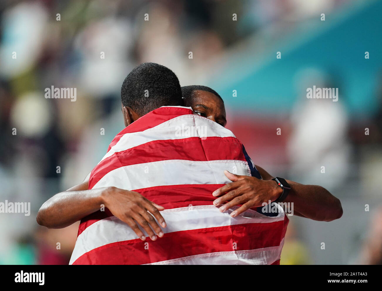 Doha, Qatar. 28th Sep, 2019. Christian Coleman of United States and Justin Gatlin of United States in the 100 meter for men during the 17th IAAF World Athletics Championships at the Khalifa Stadium in Doha, Qatar. Ulrik Pedersen/CSM/Alamy Live News Stock Photo
