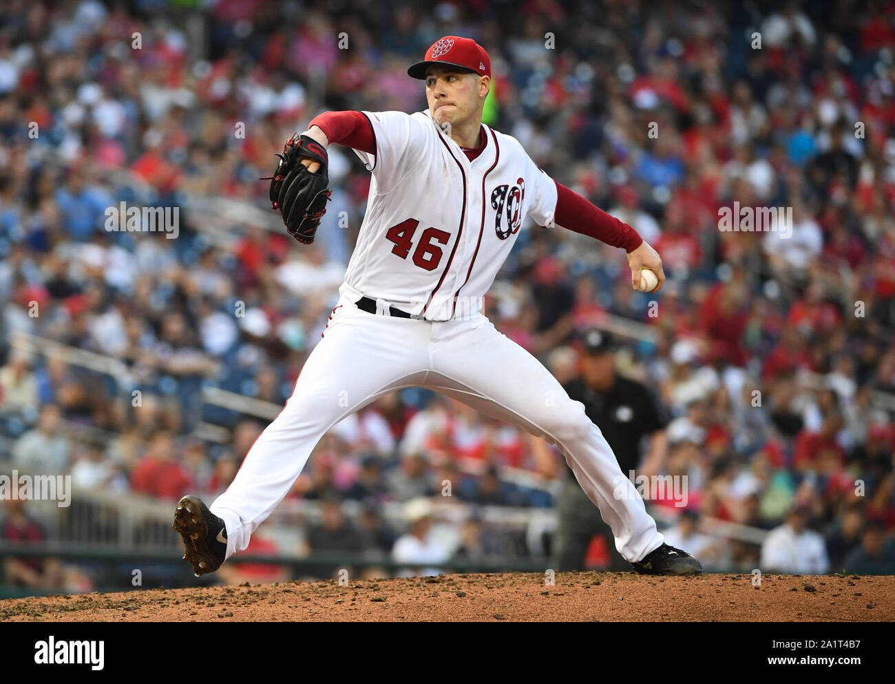 Washington, United States. 28th Sep, 2019. Washington Nationals starting pitcher Patrick Corbin (46) pitches against the Cleveland Indians at Nationals Park in Washington, DC on Saturday, September 28, 2019. Photo by Kevin Dietsch/UPI Credit: UPI/Alamy Live News Stock Photo