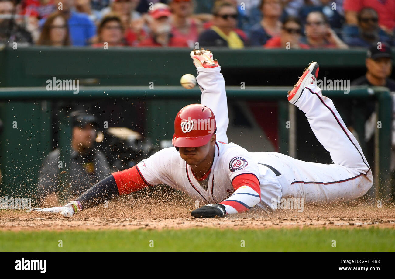 Washington, United States. 28th Sep, 2019. Washington Nationals left fielder Juan Soto (22) scores against the Cleveland Indians at Nationals Park in Washington, DC on Saturday, September 28, 2019. Photo by Kevin Dietsch/UPI Credit: UPI/Alamy Live News Stock Photo
