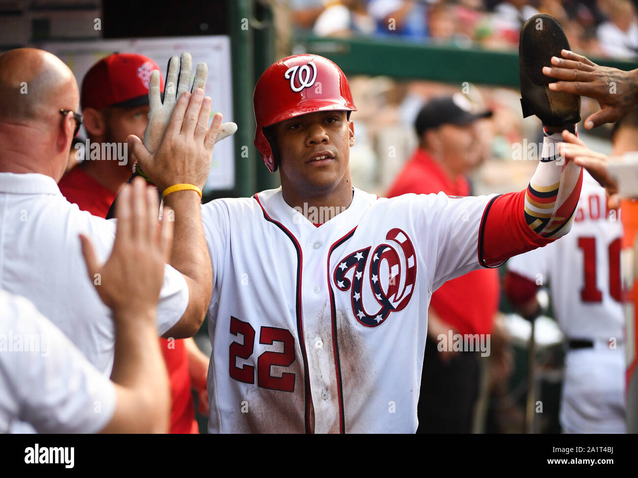 Washington, United States. 28th Sep, 2019. Washington Nationals left fielder Juan Soto (22) scores against the Cleveland Indians at Nationals Park in Washington, DC on Saturday, September 28, 2019. Photo by Kevin Dietsch/UPI Credit: UPI/Alamy Live News Stock Photo