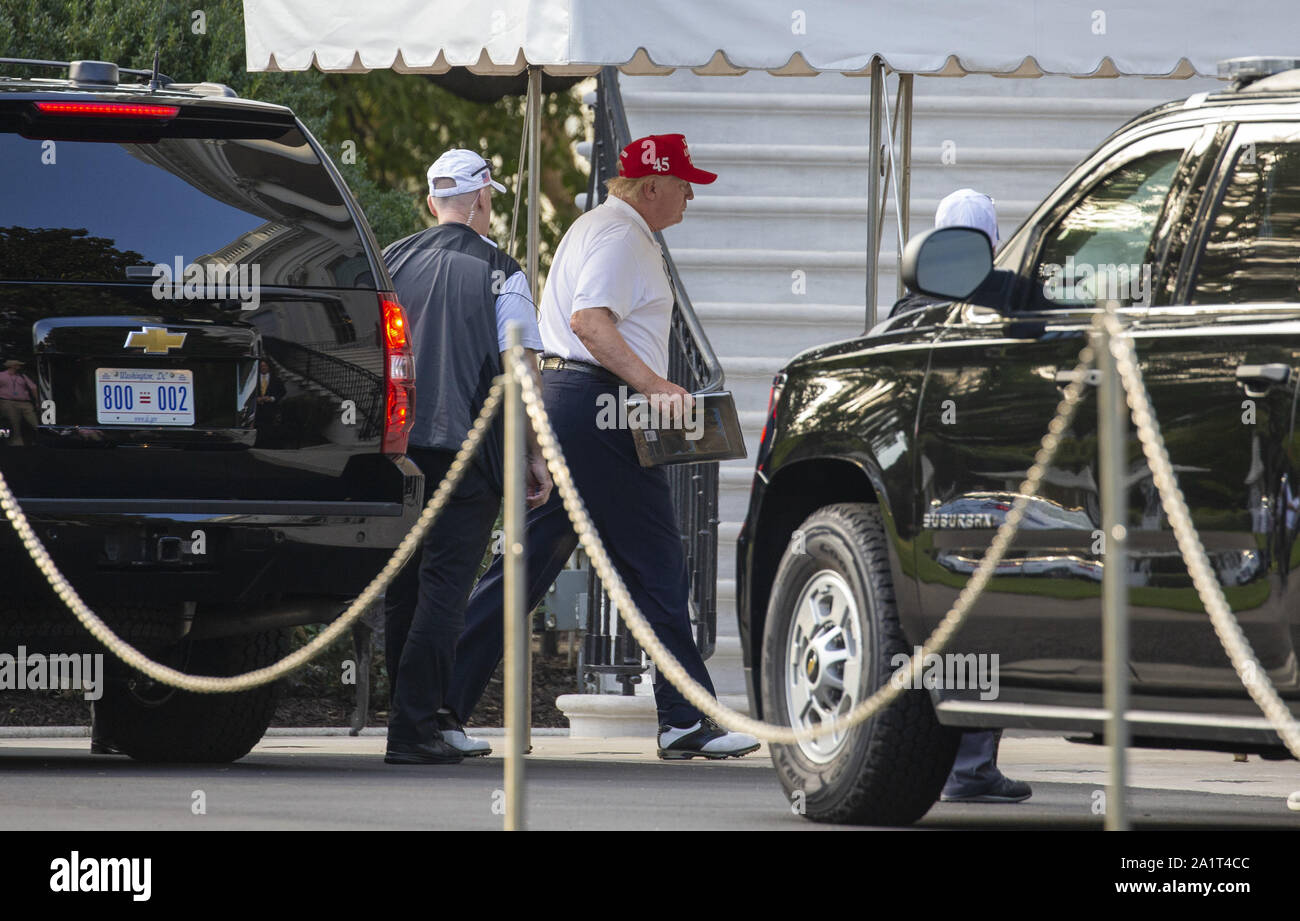 Washington DC, USA . 28th Sep, 2019. U.S. President Donald Trump returns to the White House after spending the day golfing in Washington, DC, U.S., on Saturday, September 28, 2019. Credit: UPI/Alamy Live News Stock Photo